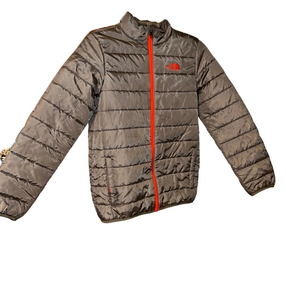 Boys north face gray orange puffer jacket coat lightweight size Large 14/16 kid - Picture 1 of 5